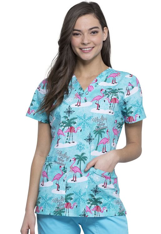 Zdravotnícke oblečenie - Dámske zdravotnícke blúzy - Dámska zdravotnícka blúza s potlačou Plameniak | medical-uniforms