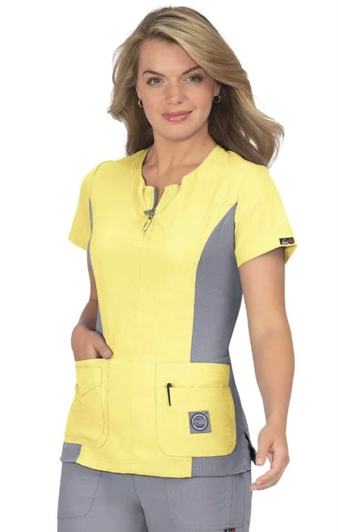 Zdravotnícke oblečenie - Farebné zdravotnícke dámske blúzky - Dámska zdravotnícka blúza SERENITY TOP - žlto-šedá | medical-uniforms